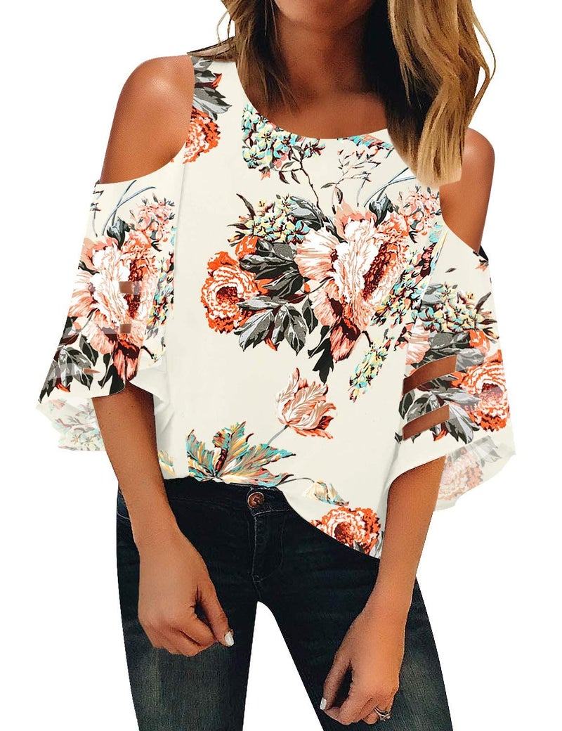 LookbookStore Summer Tops for Women 2024 Womens Cold Shoulder Tops Sexy Casual Floral Crewneck 3/4 Sleeve Blouse Womens Tops and Blouse Dressy Casual Loose Tops Shirt Size M Size 8 10 - Image 1